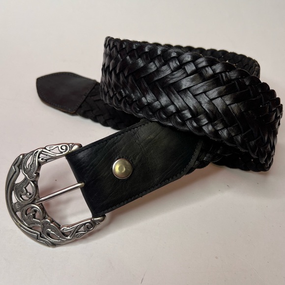 Wide Woven Braided Leather Belt Silver Buckle Boho Size Small - Picture 1 of 5